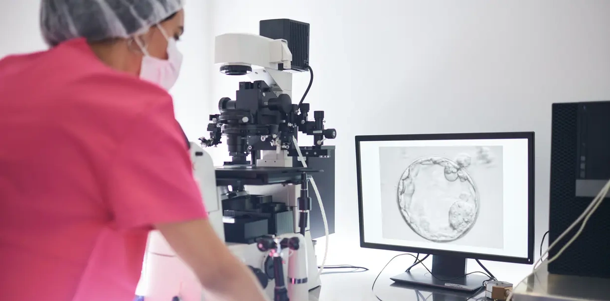 Embrióloga trabajando con un microscopio y una imagen de un blastocisto en pantalla.